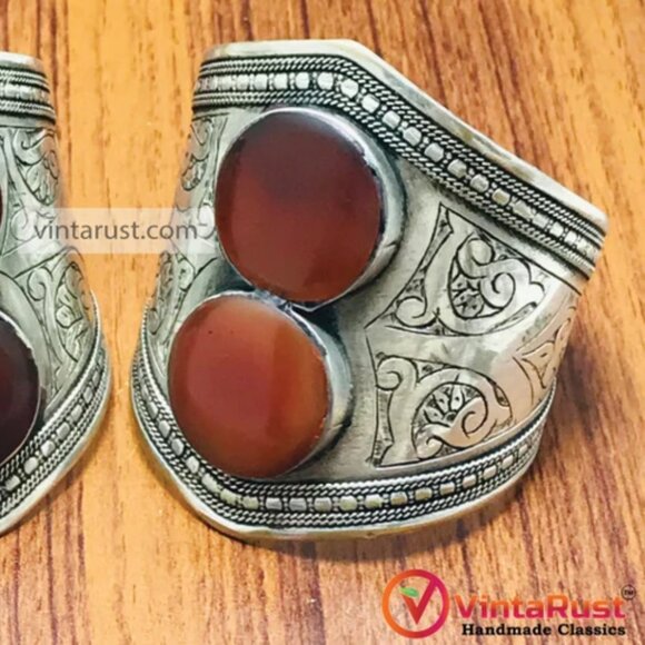 Single Boho Carnelian Stone Cuff: Antique Kuchi Tribal Bracelet - Picture 8 of 15
